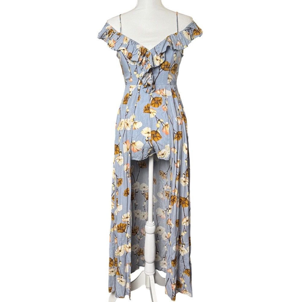Entro‎ Blue Floral Off Shoulder Maxi Dress Ruffle Boho Cottagecore Small